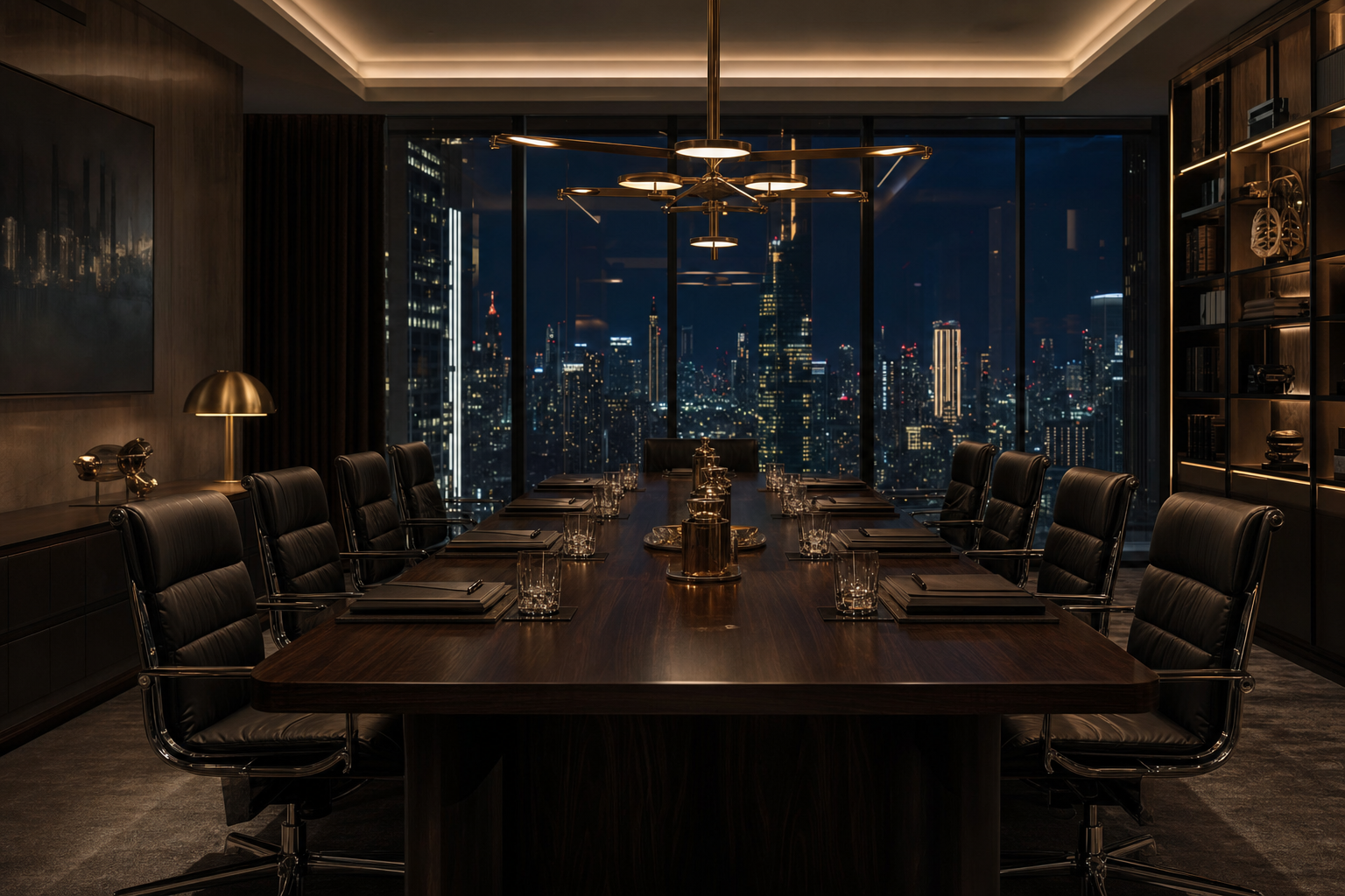 Private boardroom at night overlooking a glowing skyline
