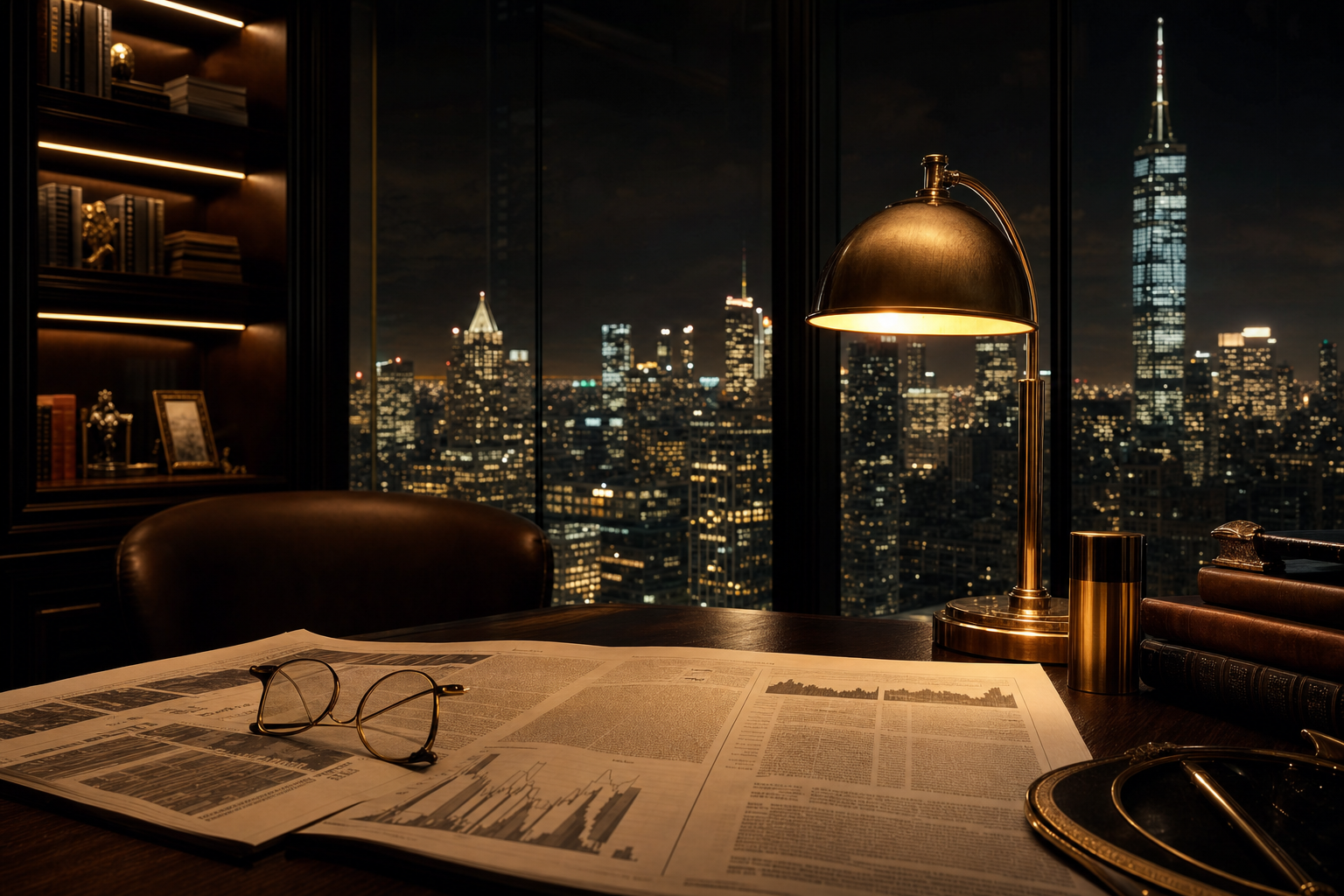 Private study at night with a newspaper, brass lamp and city view