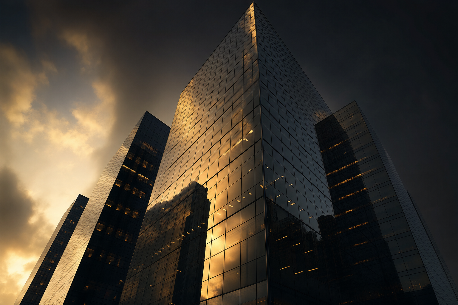Commercial glass towers at dusk