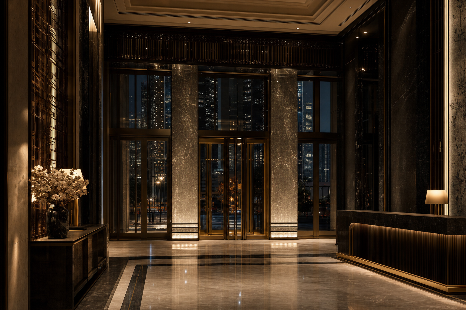Grand marble lobby with brass details at night
