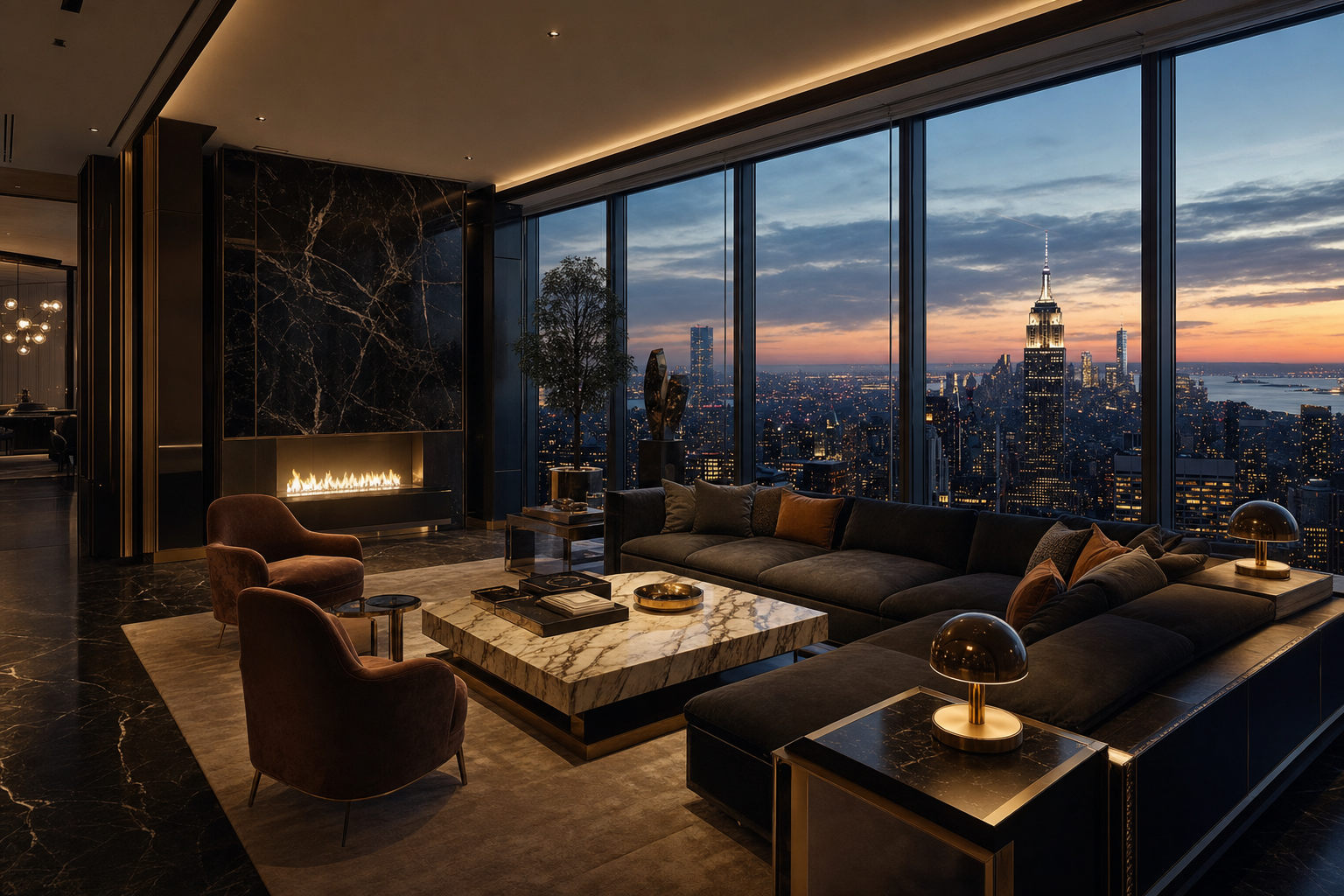 Luxury condominium interior with city view