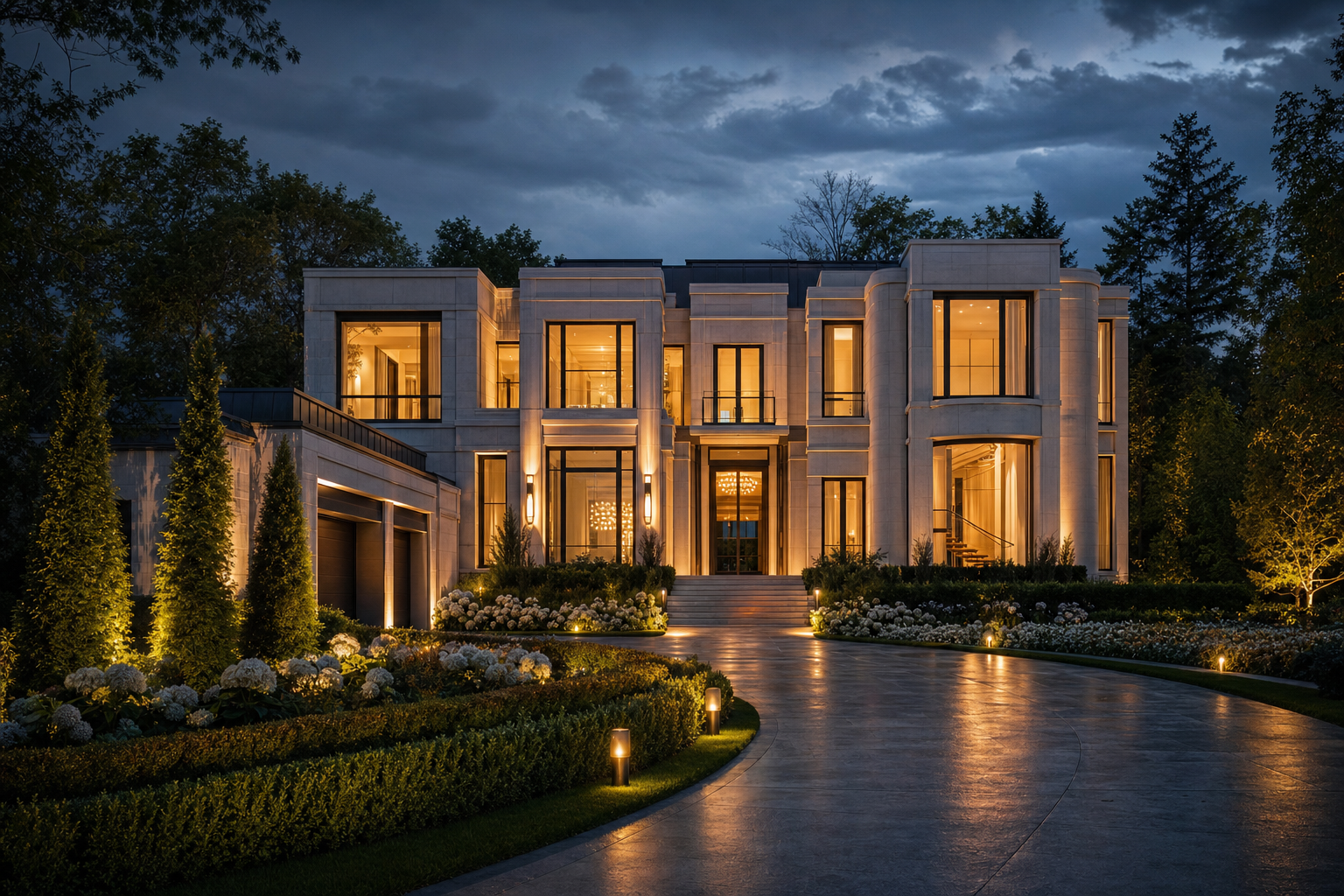 Grand limestone estate glowing at twilight