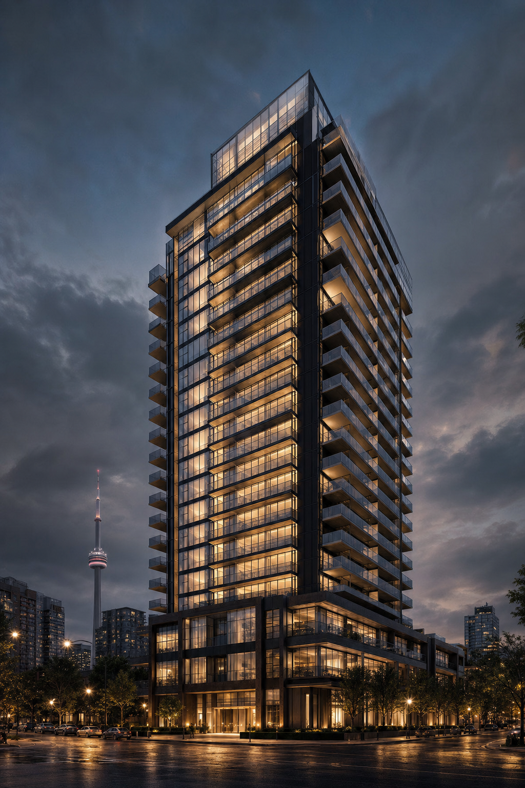 Condominium tower with glowing balconies at dusk