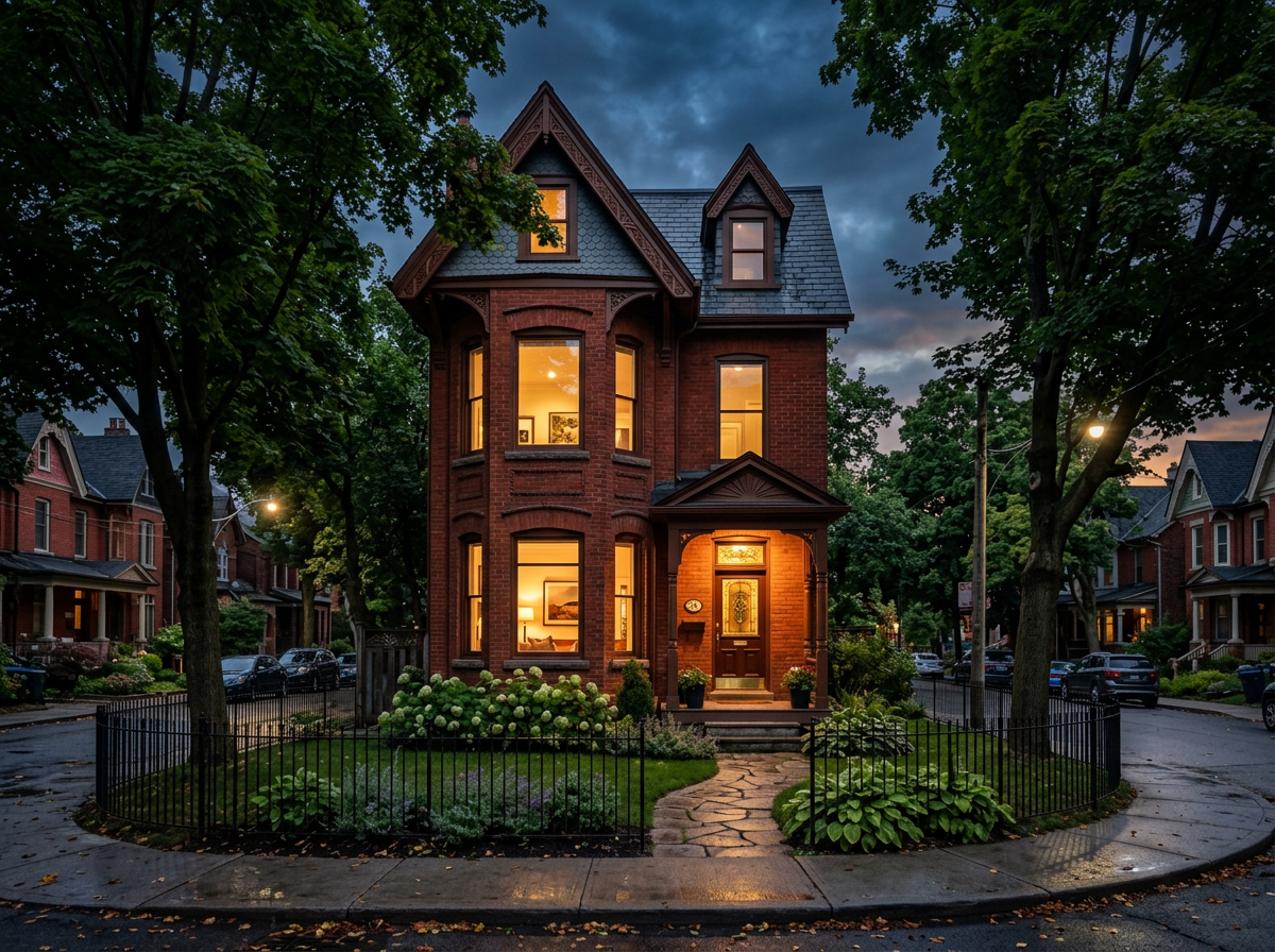 Restored red-brick Victorian townhouse at dusk