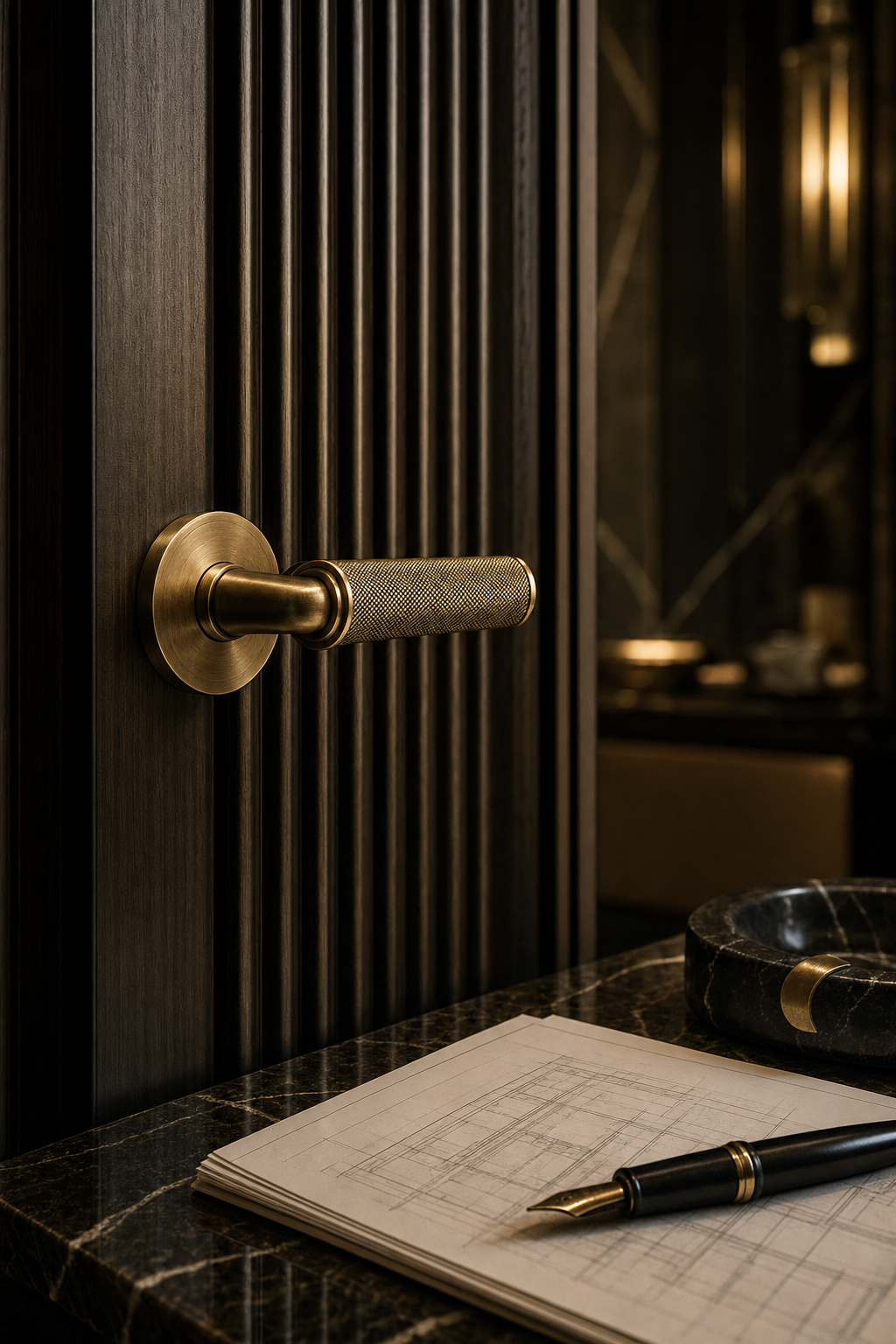 Brass door hardware and architectural drawings on marble